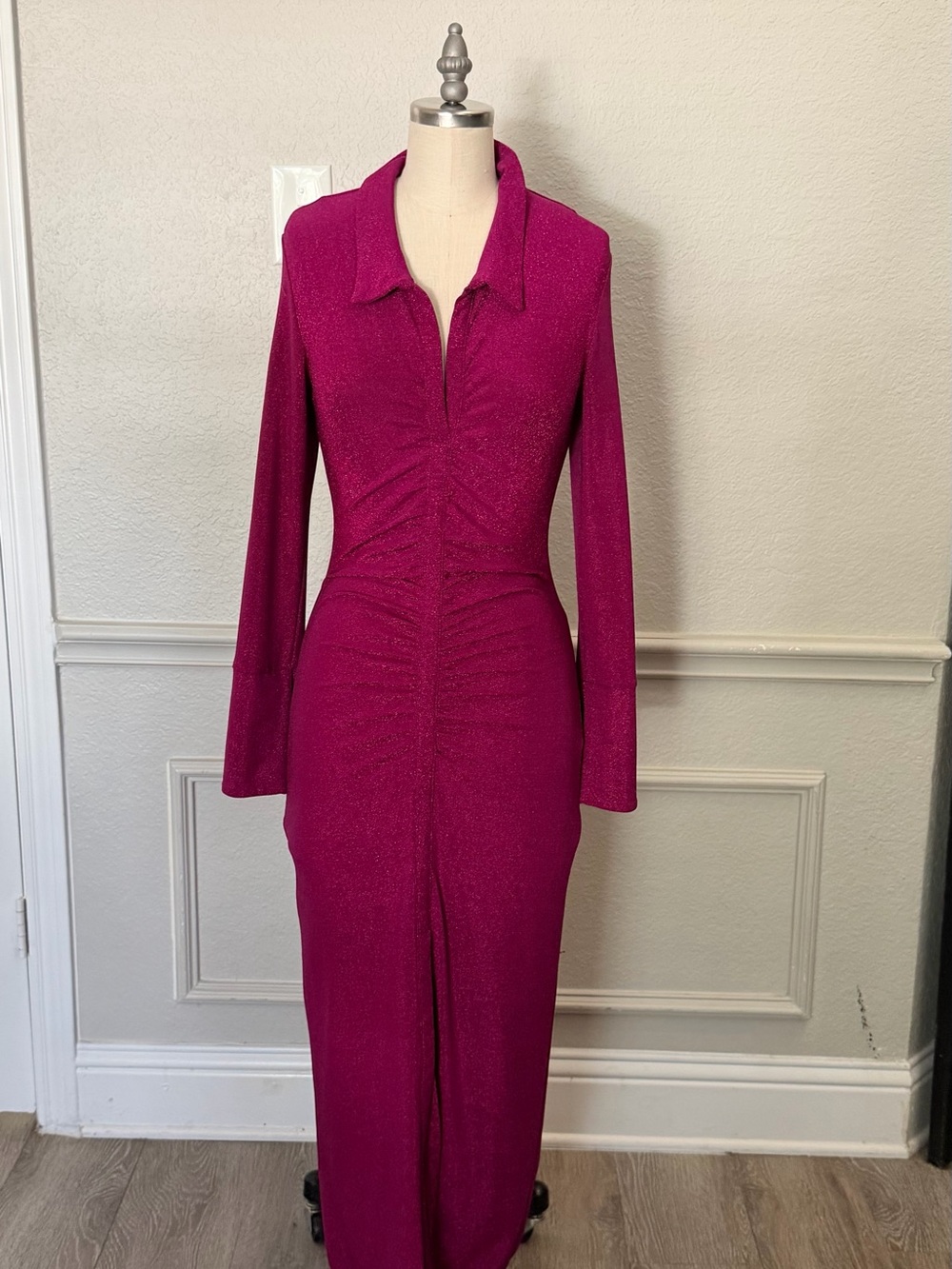 Wayf Magenta Long-Sleeve Ruched Maxi Dress